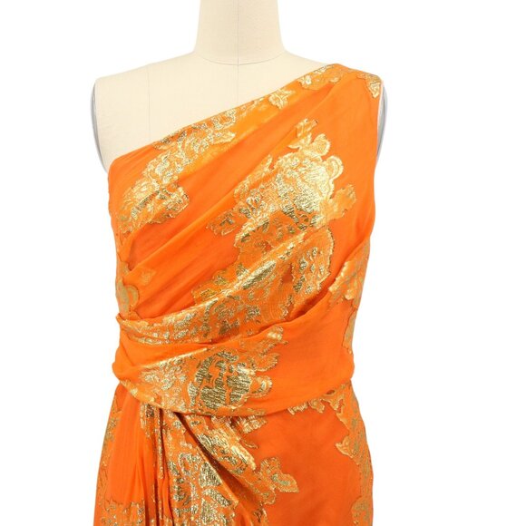 David Meister Silk Metallic Foiled Floral One Shoulder Orange Party Dress 6 - Picture 6 of 9